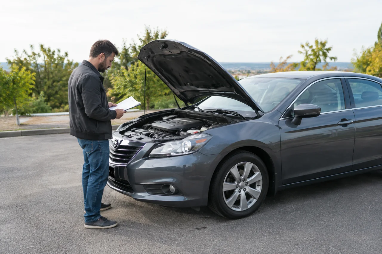 Used car buyer reviewing a checklist and maintenance records beside a parked car