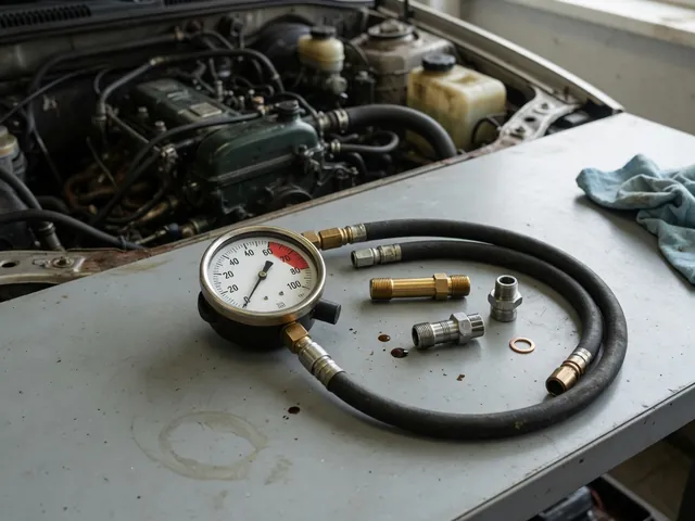 Mechanical engine oil pressure gauge with a test hose and threaded adapters on a clean workbench
