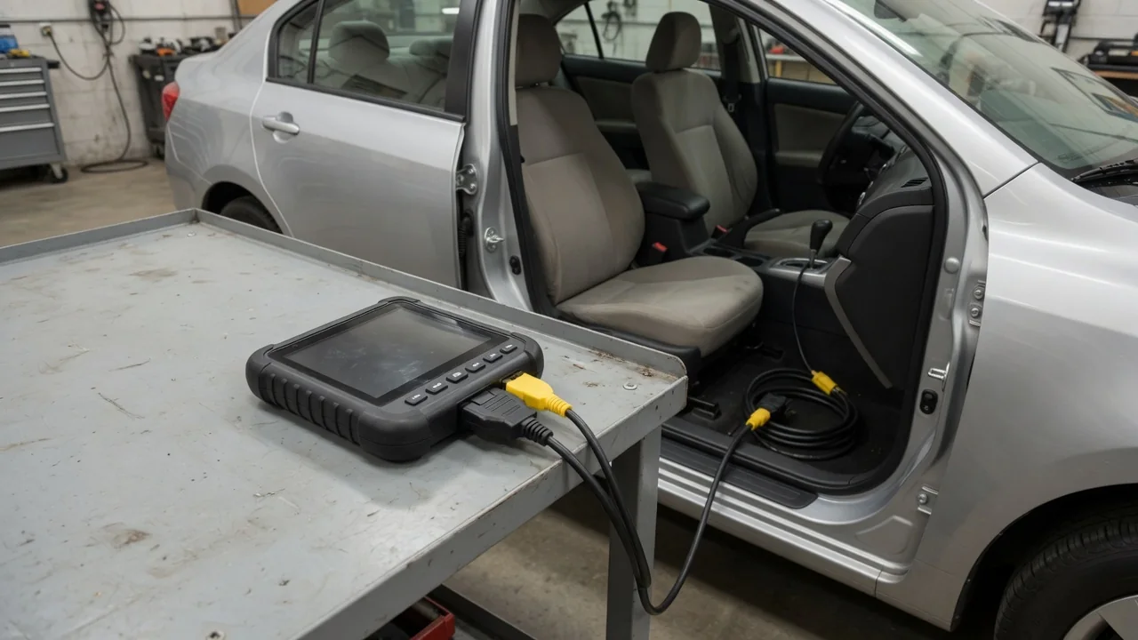 Diagnostic scanner displaying P1061 beside a vehicle dashboard