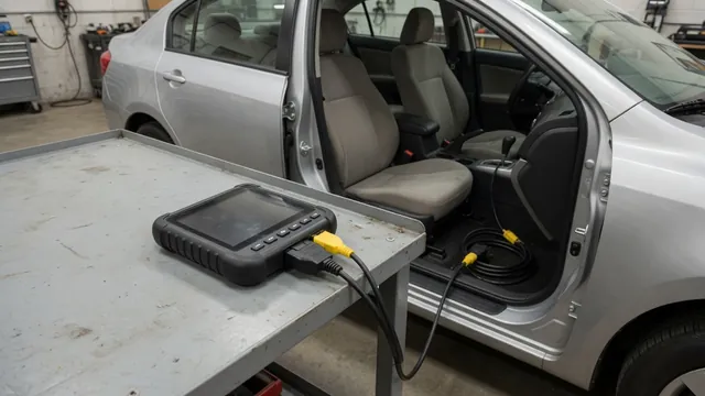 Diagnostic scanner displaying P1061 beside a vehicle dashboard