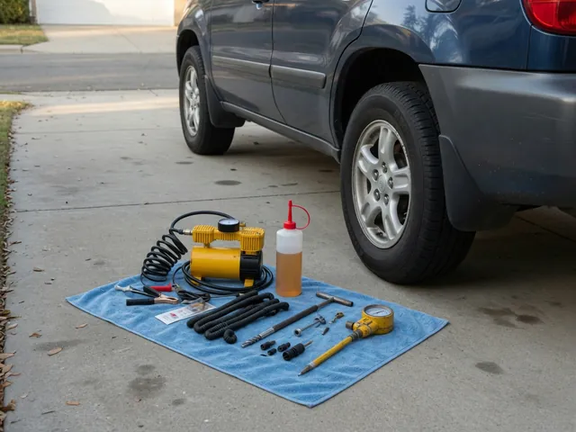 Tire puncture kit with a compressor, sealant bottle, plug tools, and pressure gauge beside a parked car