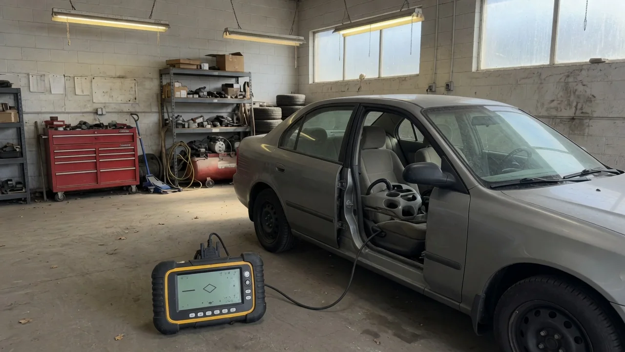 Diagnostic scan tool displaying P1606 beside a parked vehicle's dashboard
