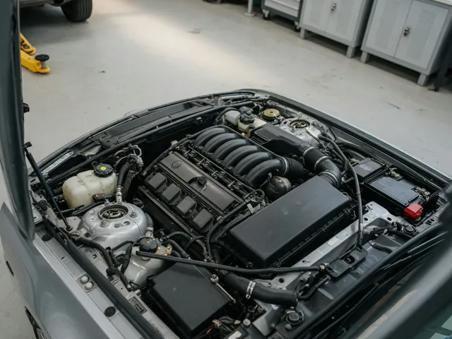 BMW engine bay with crankcase ventilation components highlighted for inspection