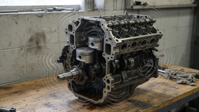 Illustration of an engine with sound waves near the combustion chamber, valve train and lower engine
