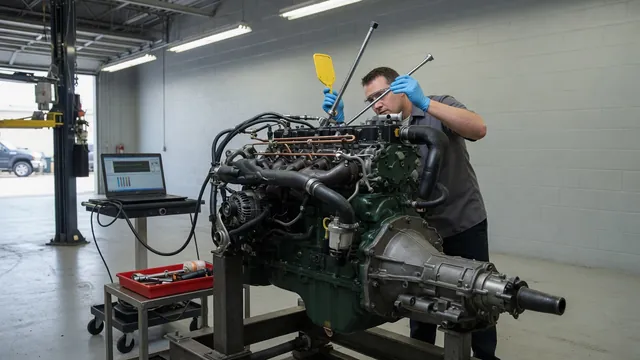 Technician inspecting a diesel engine in a service bay with diagnostic equipment nearby