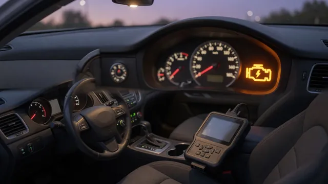 Car dashboard with the check engine light on and a raised tachometer, next to an OBD-II scan tool, showing a transmission slipping fault