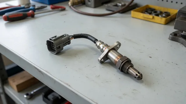Oxygen sensor with its electrical connector beside a Honda Accord in an automotive service bay