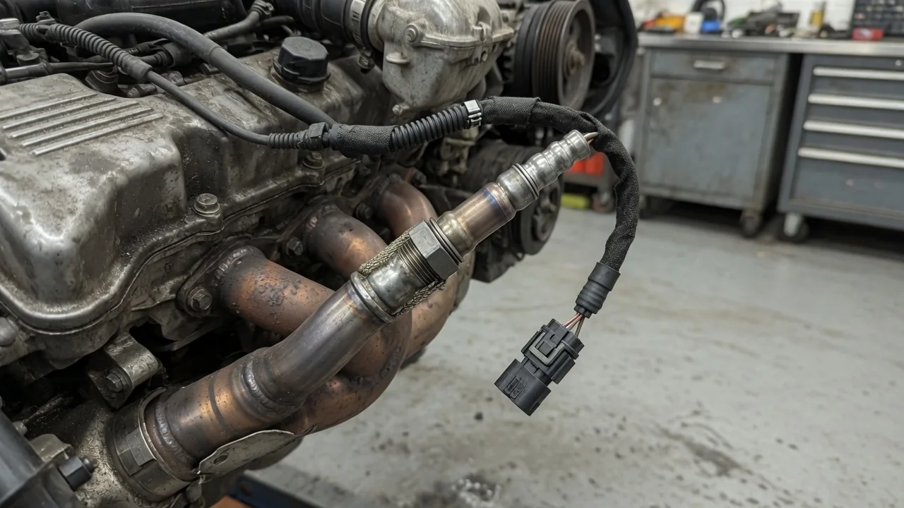 Illustration of an upstream oxygen sensor and its electrical connector near an exhaust manifold