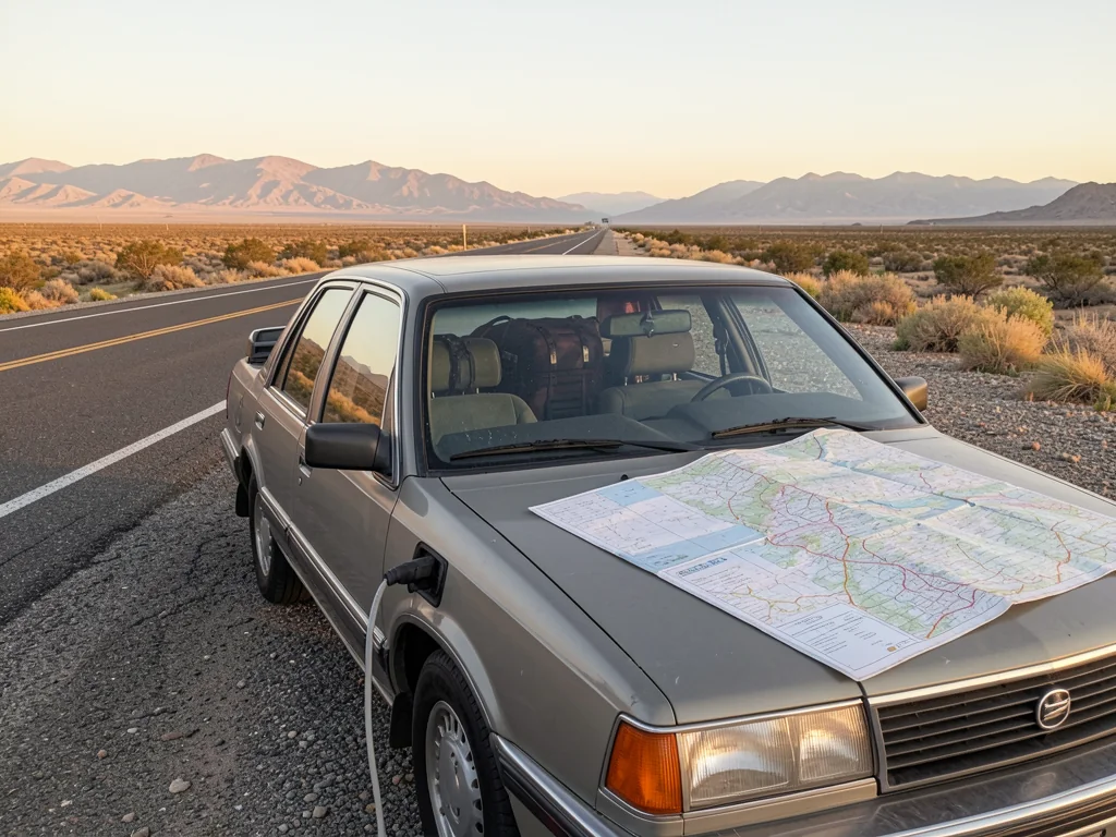 Older used sedan loaded with luggage, parked beside an open American highway at sunset before a road trip