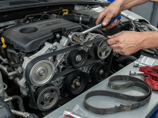 Mechanic installing a new serpentine belt on a car engine, with a worn old belt on the bench