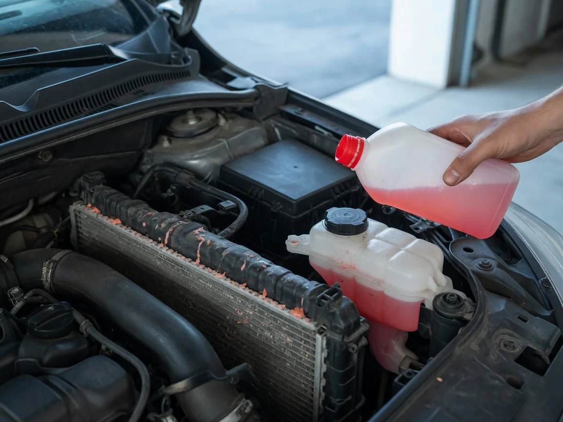 Bottle of radiator stop leak held over a car coolant reservoir with dried coolant residue visible on the radiator