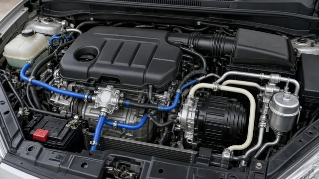 Car engine bay showing the engine cooling system and air conditioning components