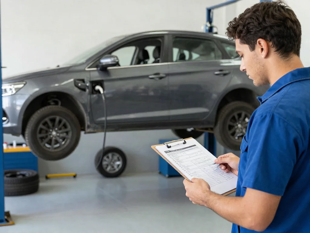 Buyer reviewing a used car inspection report on a clipboard with a mechanic beside a lifted car in a repair shop