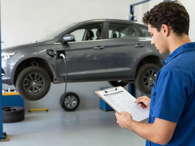 Buyer reviewing a used car inspection report on a clipboard with a mechanic beside a lifted car in a repair shop
