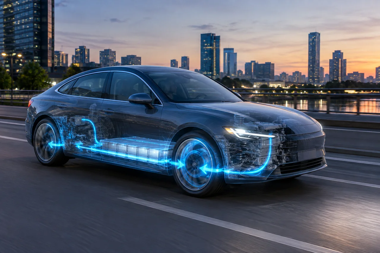 Electric car slowing on a city street with a cutaway showing regenerative braking energy flowing back into the battery pack