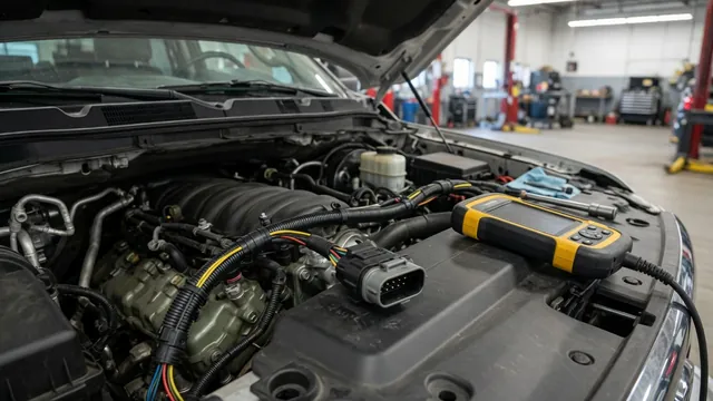Diesel engine bay with an injector control pressure sensor connector and diagnostic scan tool