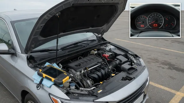 Charging warning light and diagnostic scanner beside an engine bay with the engine off