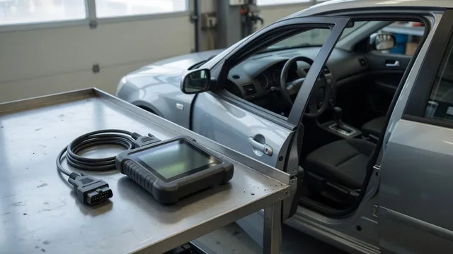 Diagnostic scanner beside a parked vehicle with P1550 displayed on its screen