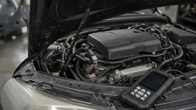 Camshaft position sensor connector beside an engine with a diagnostic scan tool nearby