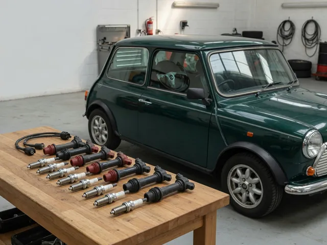 Spark plugs and ignition coils arranged on a clean workbench beside a parked Mini Cooper