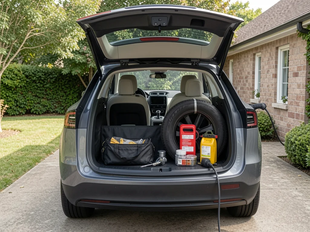 Compact spare tire secured in a cargo bag beside roadside emergency supplies in an electric SUV