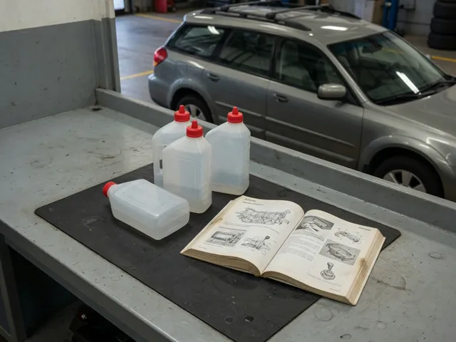 Subaru transmission fluid containers beside an owner's manual on a clean service bench