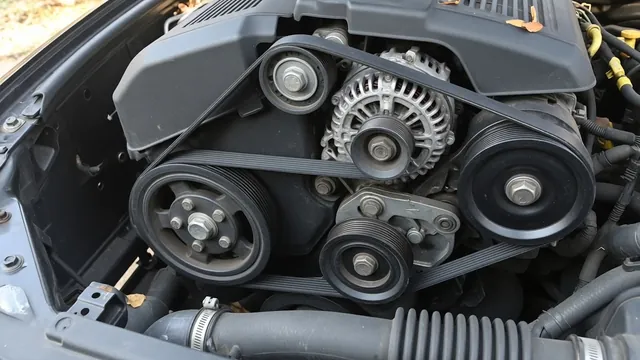 New serpentine belt routed around accessory pulleys in a parked vehicle with the engine off