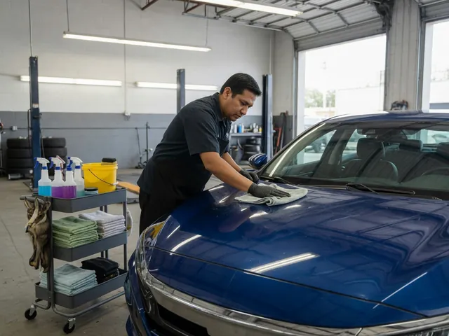 Professional detailer wiping a blue sedan’s hood with a microfiber towel in a clean detailing shop