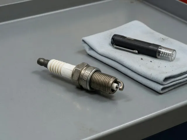 Removed spark plug on a clean workbench beside a lint-free cloth and inspection light