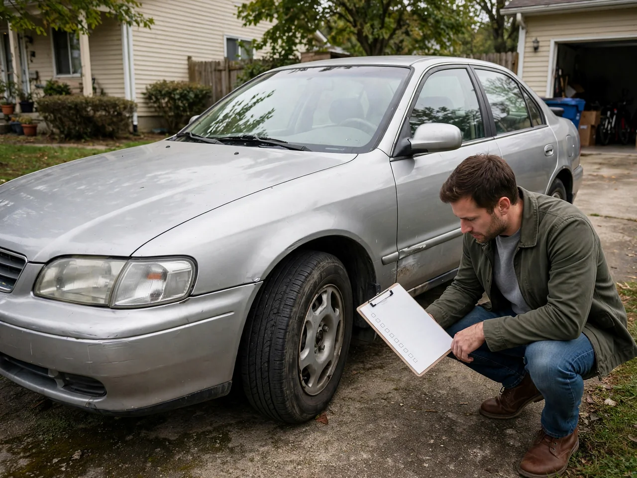 Buyer inspecting an older used sedan in daylight with a checklist in hand