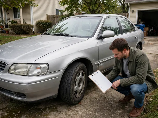 Buyer inspecting an older used sedan in daylight with a checklist in hand