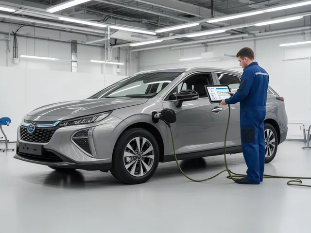Technician reviewing hybrid vehicle diagnostic data on a scan tool beside a parked car