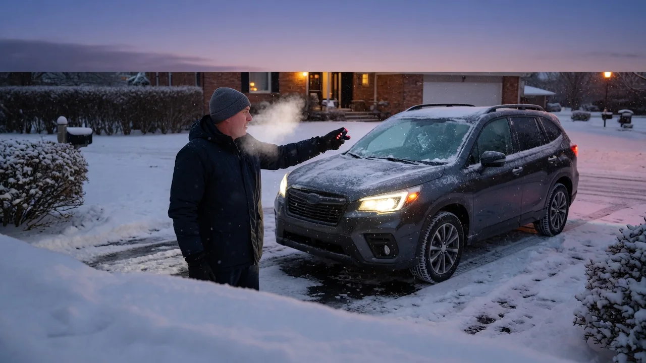 Driver pointing a remote start key fob at a parked SUV with its parking lights on in a snowy driveway